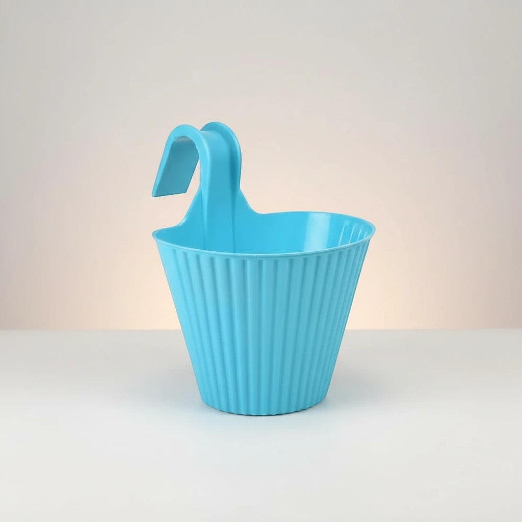 GoHooked blue plastic hanging planter with double hooks and ribbed design. Set of 3.