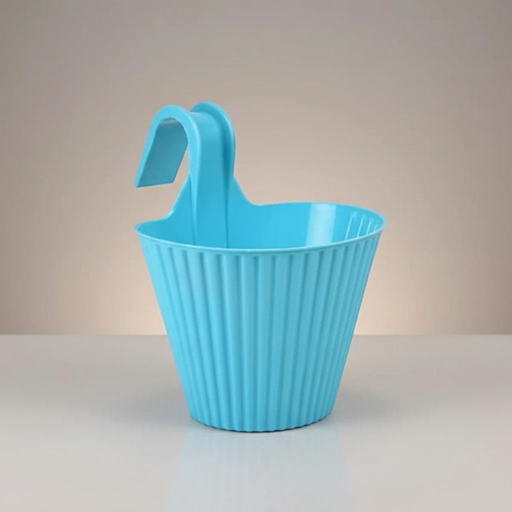 GoHooked blue plastic hanging planter with double hooks and ribbed design. Set of 3.