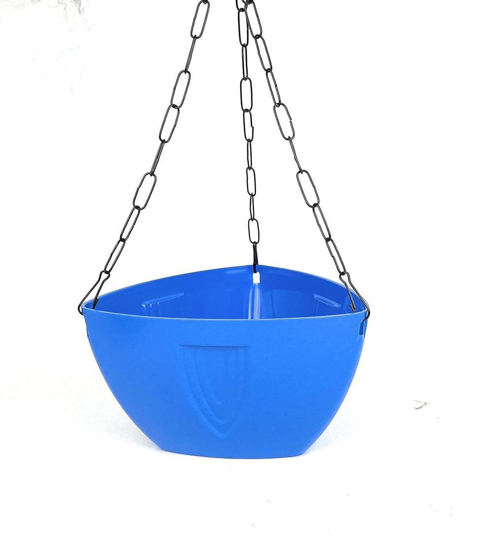 GoHooked blue plastic hanging planter with black chain, 8.5 x 6 inches, set of 3