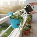 GoHooked blue plastic hanging planter with double hooks, filled with succulents and string of pearls plants.