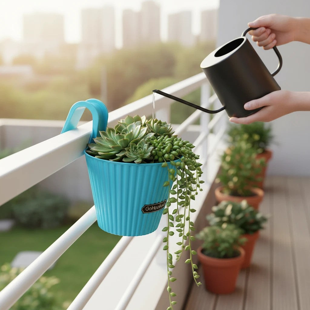 GoHooked blue plastic hanging planter with double hooks, filled with succulents and string of pearls plants.
