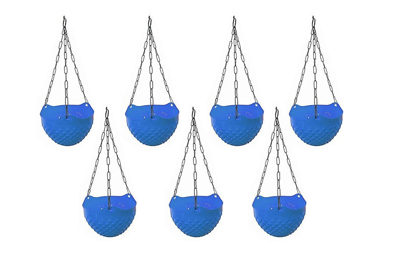 GoHooked blue plastic hanging flower pots with metal chains, set of 7, round crystal shape