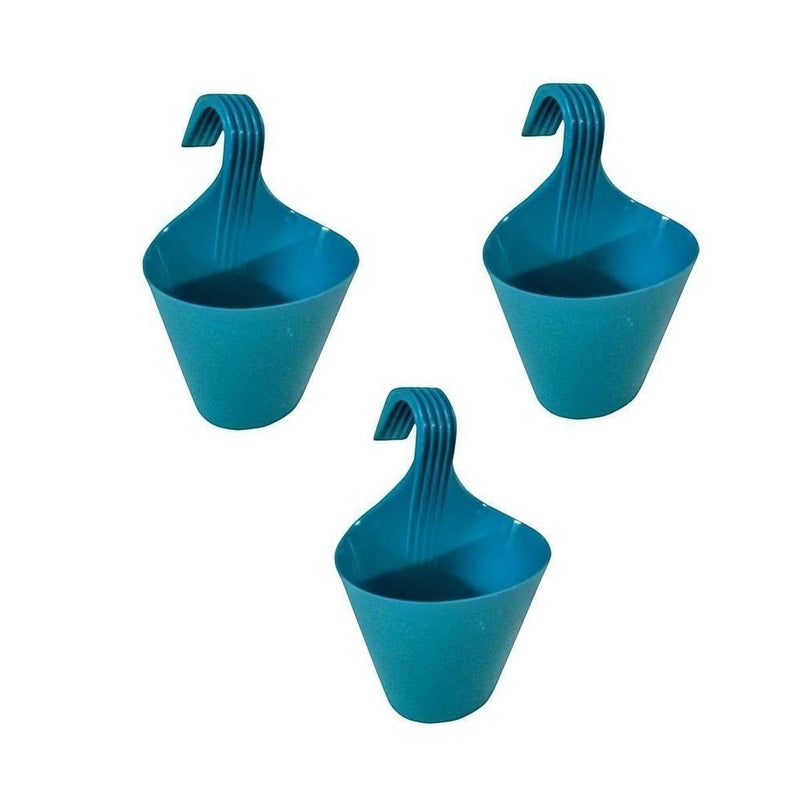 GoHooked set of 3 blue plastic hanging planters with hooks. Ideal for patios, balconies, or railings.
