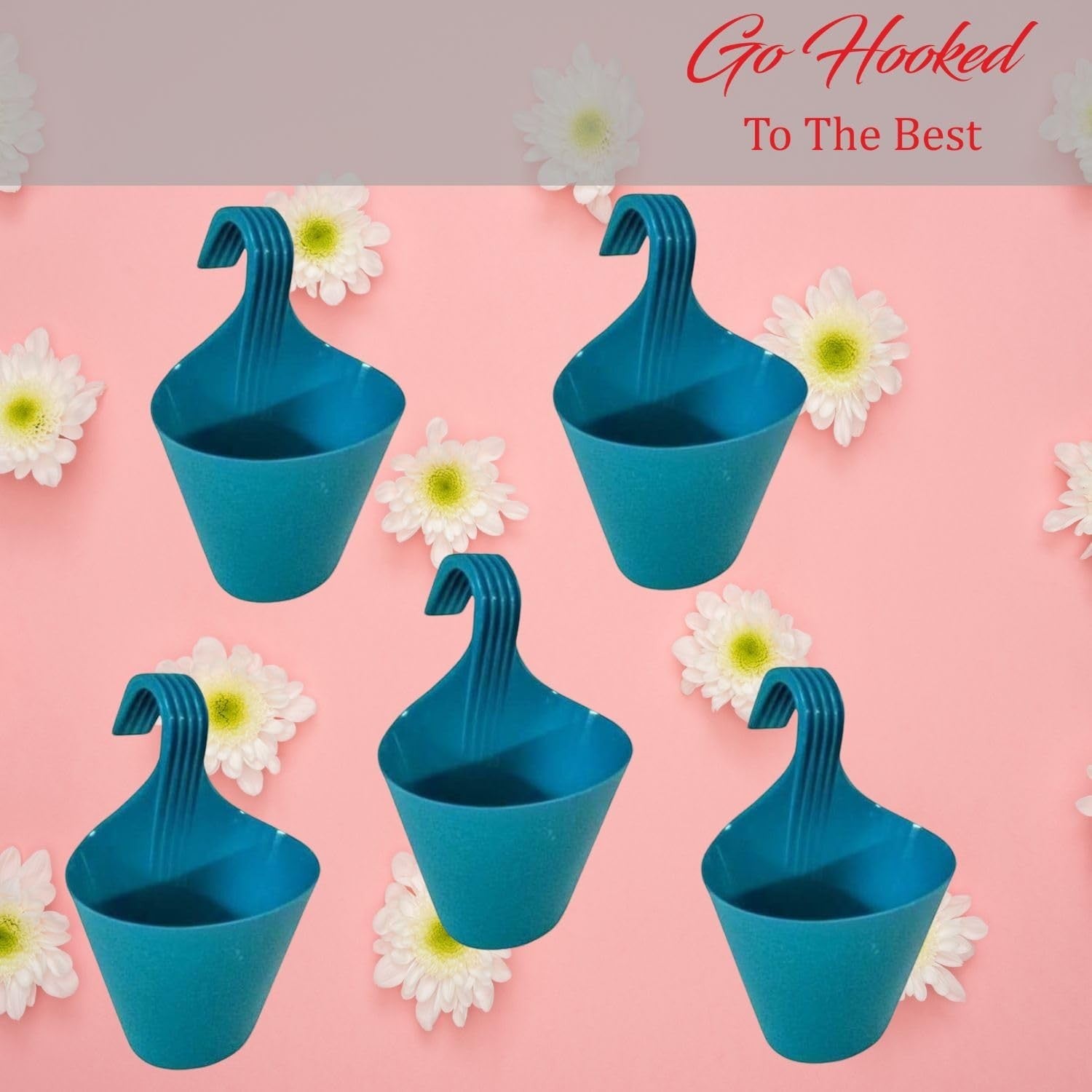 Go Hooked set of 5 teal blue plastic hanging planters with hooks. Ideal for balconies and vertical gardens.