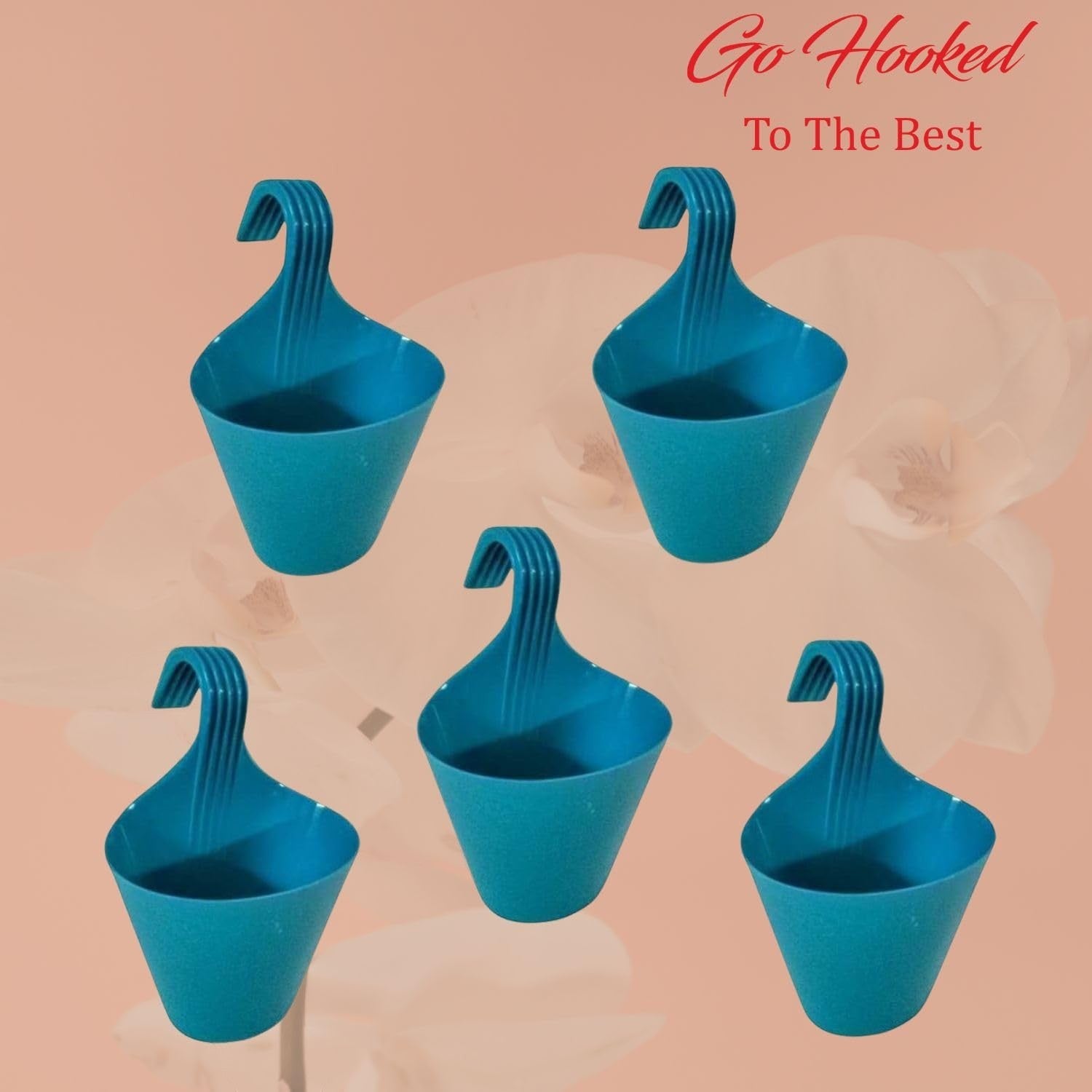 GoHooked blue plastic hanging planters (set of 5) for vertical gardens, balconies, and railing pots.
