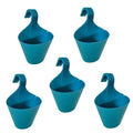 GoHooked blue plastic hanging planters, set of 5, for vertical gardens and railings. 22cm diameter.