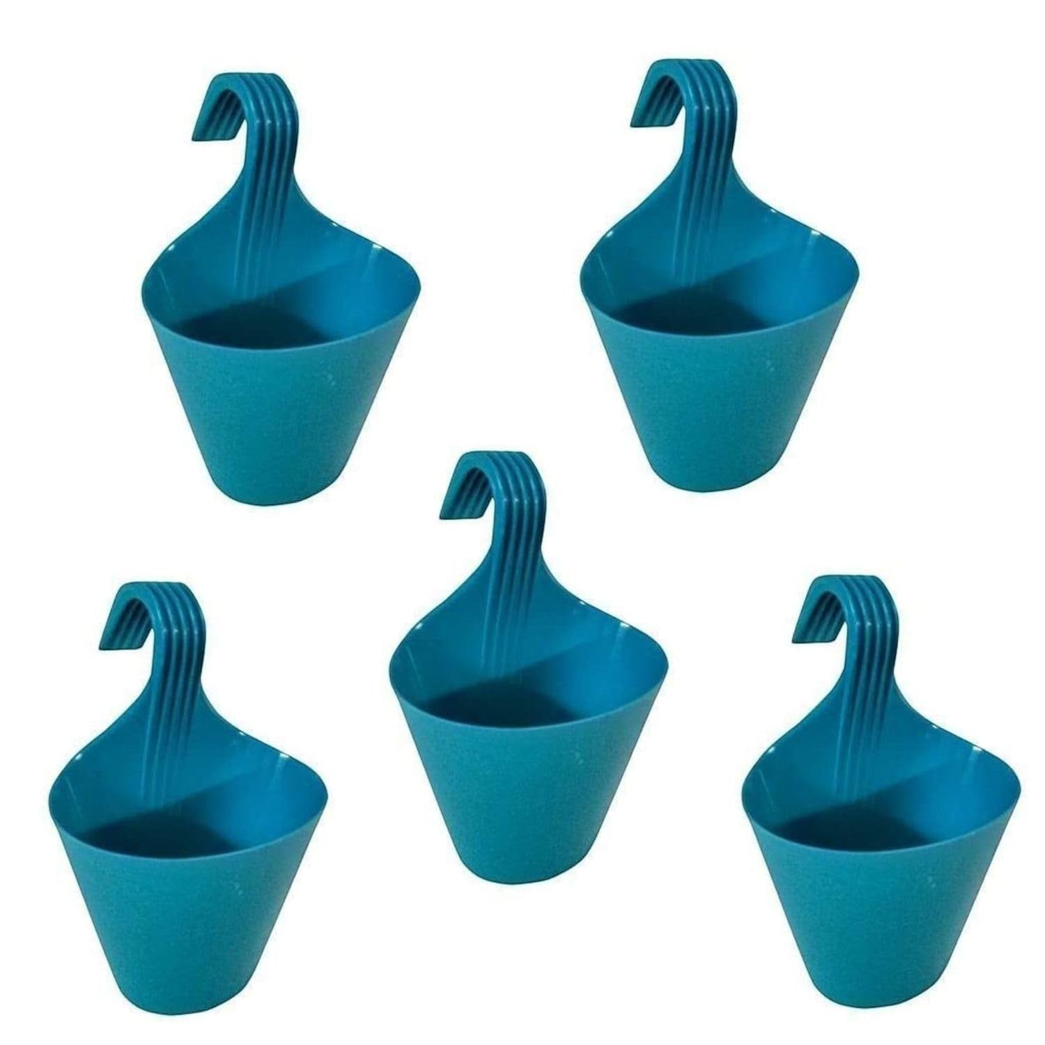GoHooked blue plastic hanging planters, set of 5, for vertical gardens and railings. 22cm diameter.