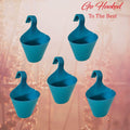 Go Hooked blue plastic hanging planters (set of 5) with hook for railing or vertical gardens.
