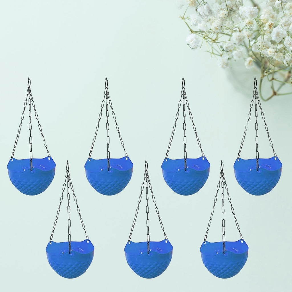 GoHooked set of 7 blue plastic crystal-shaped hanging planters with metal chains. Ideal for home garden, balcony, or patio.
