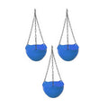GoHooked set of 7 blue plastic hanging planters with decorative woven texture and metal chains.