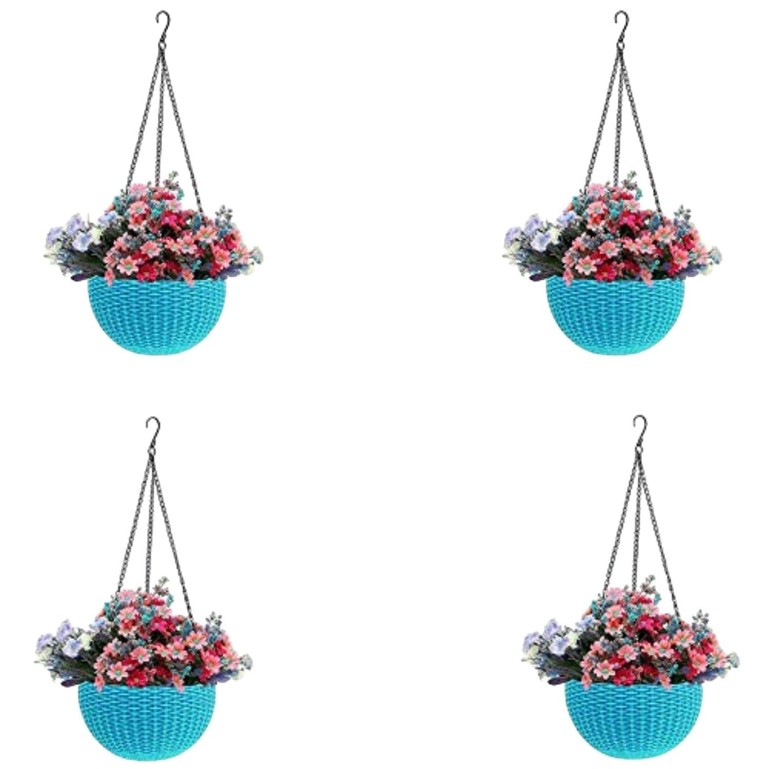 GoHooked blue plastic hanging pot with woven texture, filled with pink and purple flowers. Set of 5.