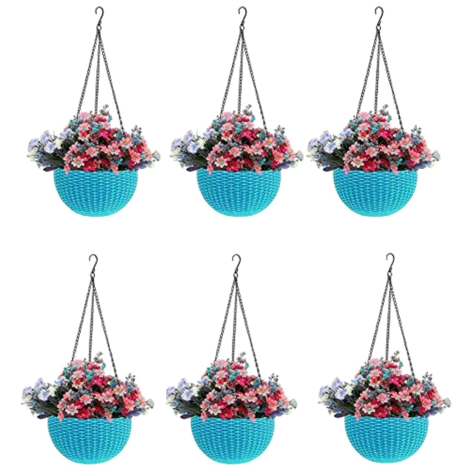 GoHooked 5-piece set of blue plastic hanging pots with woven texture, filled with pink and purple flowers.