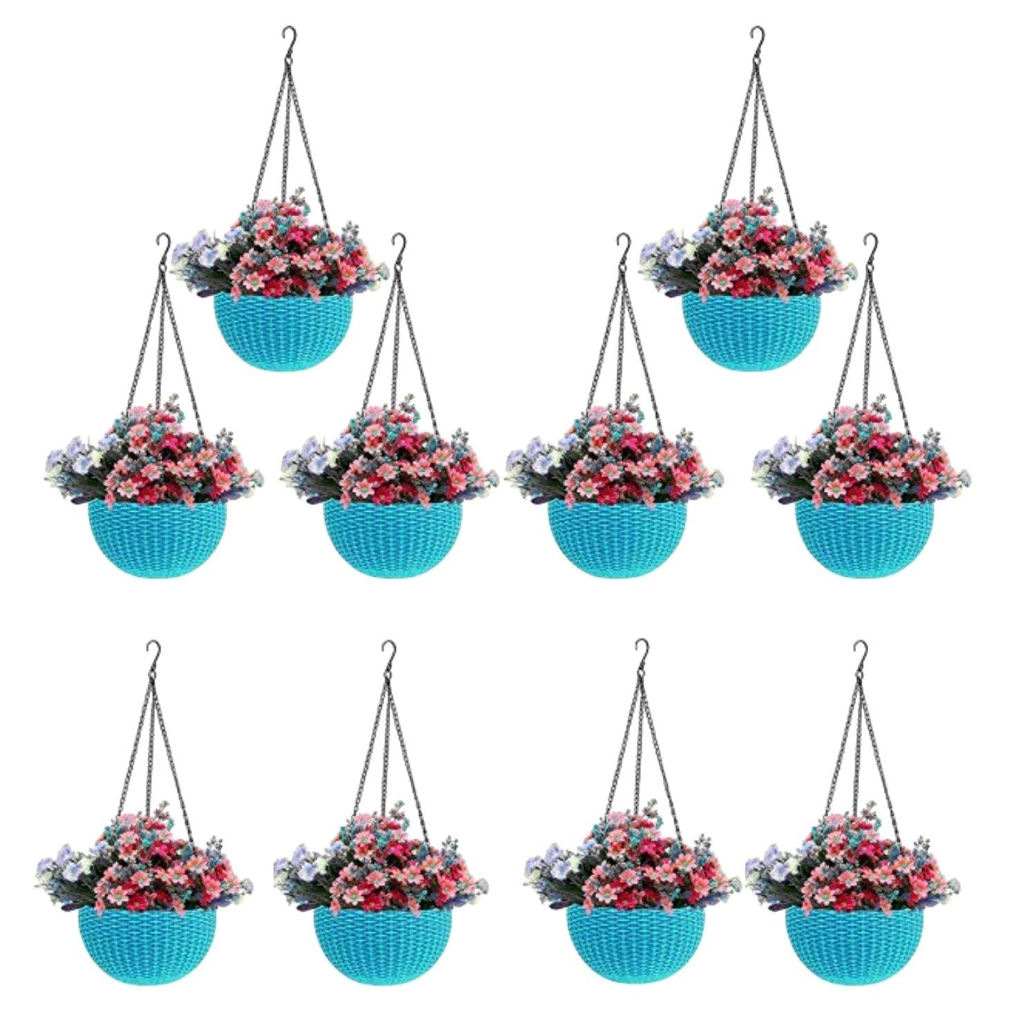 GoHooked set of 5 blue plastic hanging pots with woven texture, filled with pink and purple flowers.