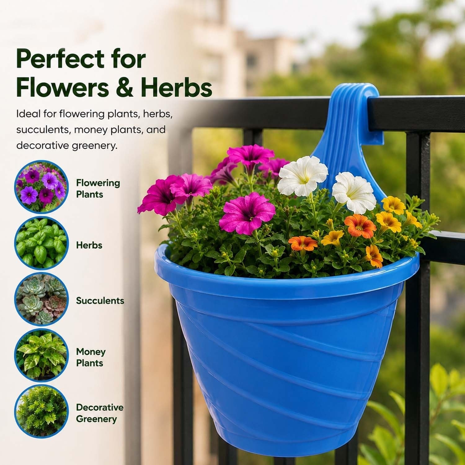 GoHooked blue plastic hanging railing planter with a twister design, holding colorful petunia flowers on a balcony.