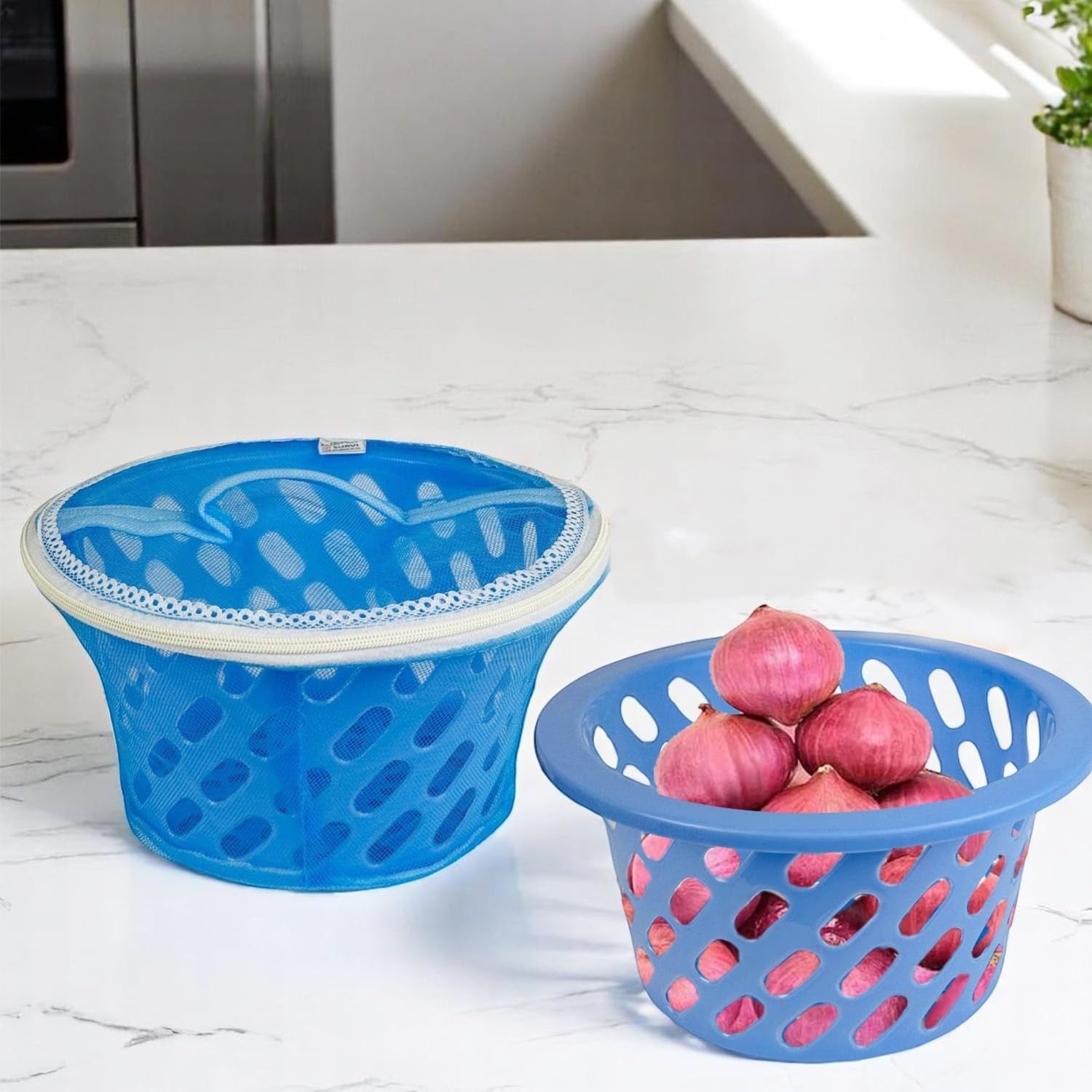 GoHooked blue plastic mesh storage basket with zip closure and handle, ideal for fruits and vegetables.
