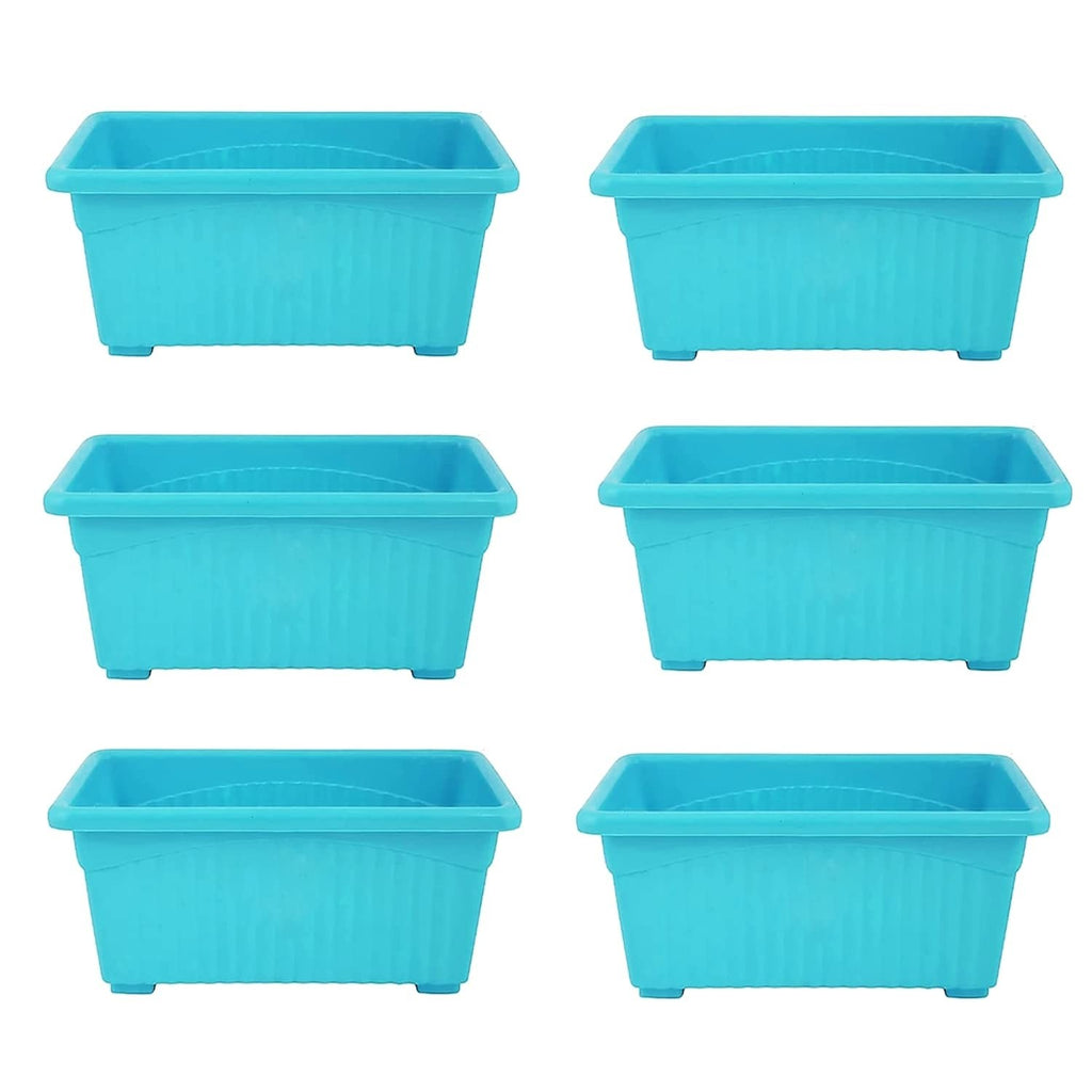 GoHooked pack of 6 blue rectangular plastic plant pots, 35cm, ideal for home and garden.