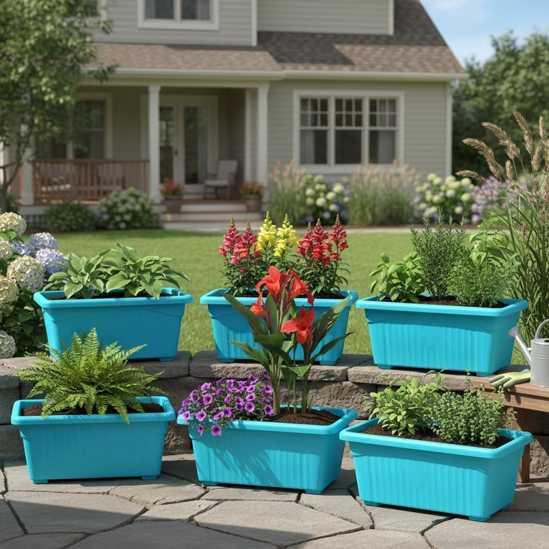 GoHooked blue rectangular plastic plant pots, 35cm, pack of 6, for home and garden use.