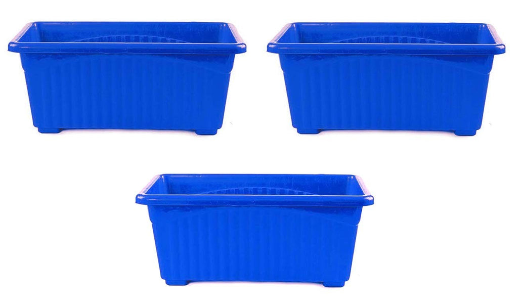 GoHooked set of 3 blue rectangular plastic plant pots with ribbed texture and rust-resistant feature.