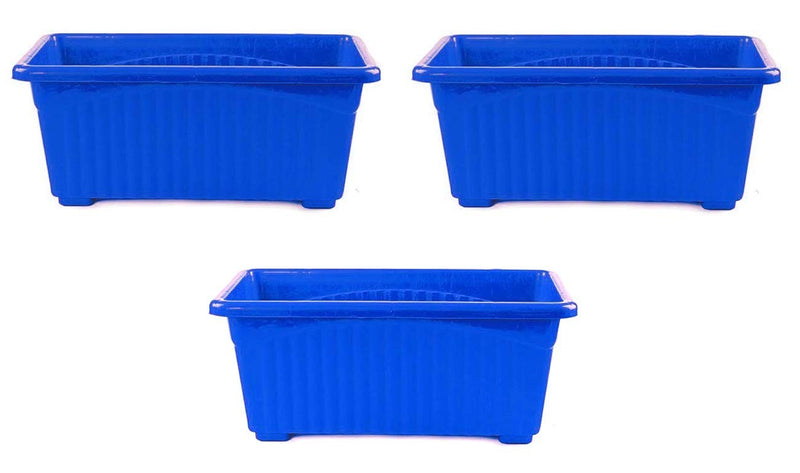 GoHooked set of 3 blue rectangular plastic plant pots with ribbed texture and rust-resistant feature.