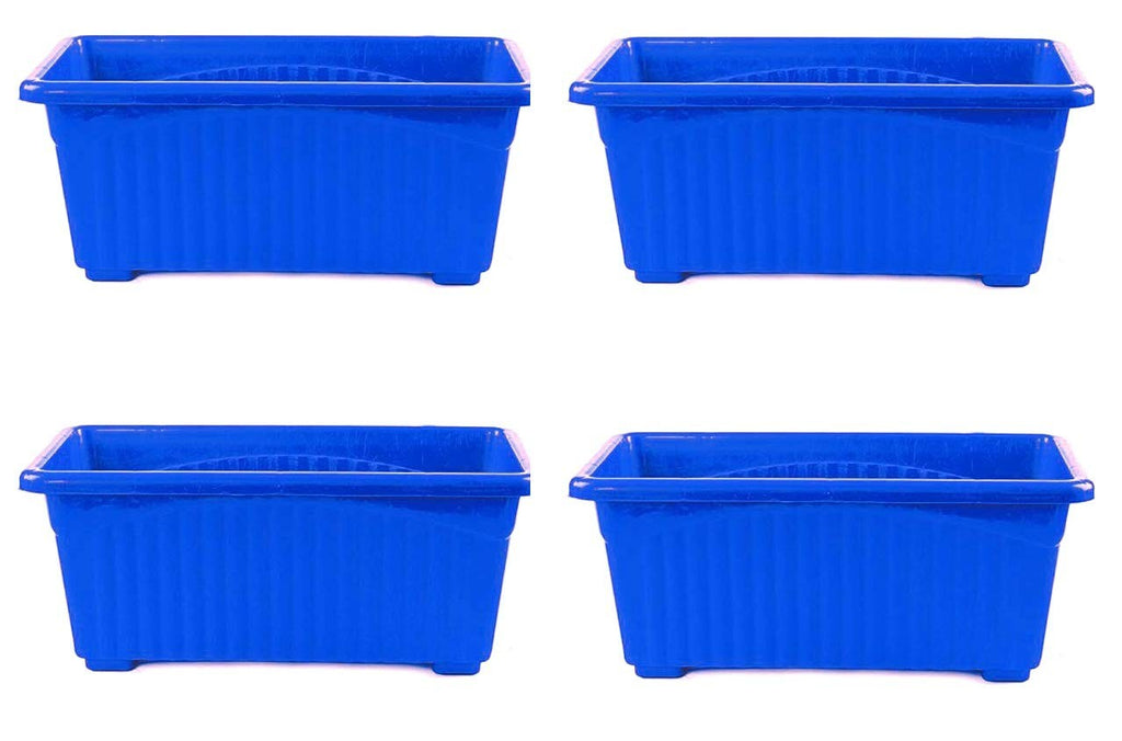 GoHooked set of 4 blue rectangular plastic plant pots with ribbed texture and raised base. 35x18.5x15 cm.