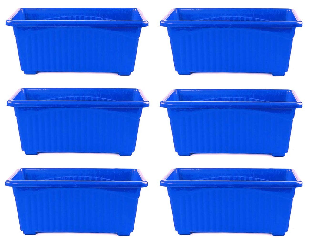 GoHooked set of 6 blue rectangular plastic plant pots with ribbed texture and rust-resistant finish.