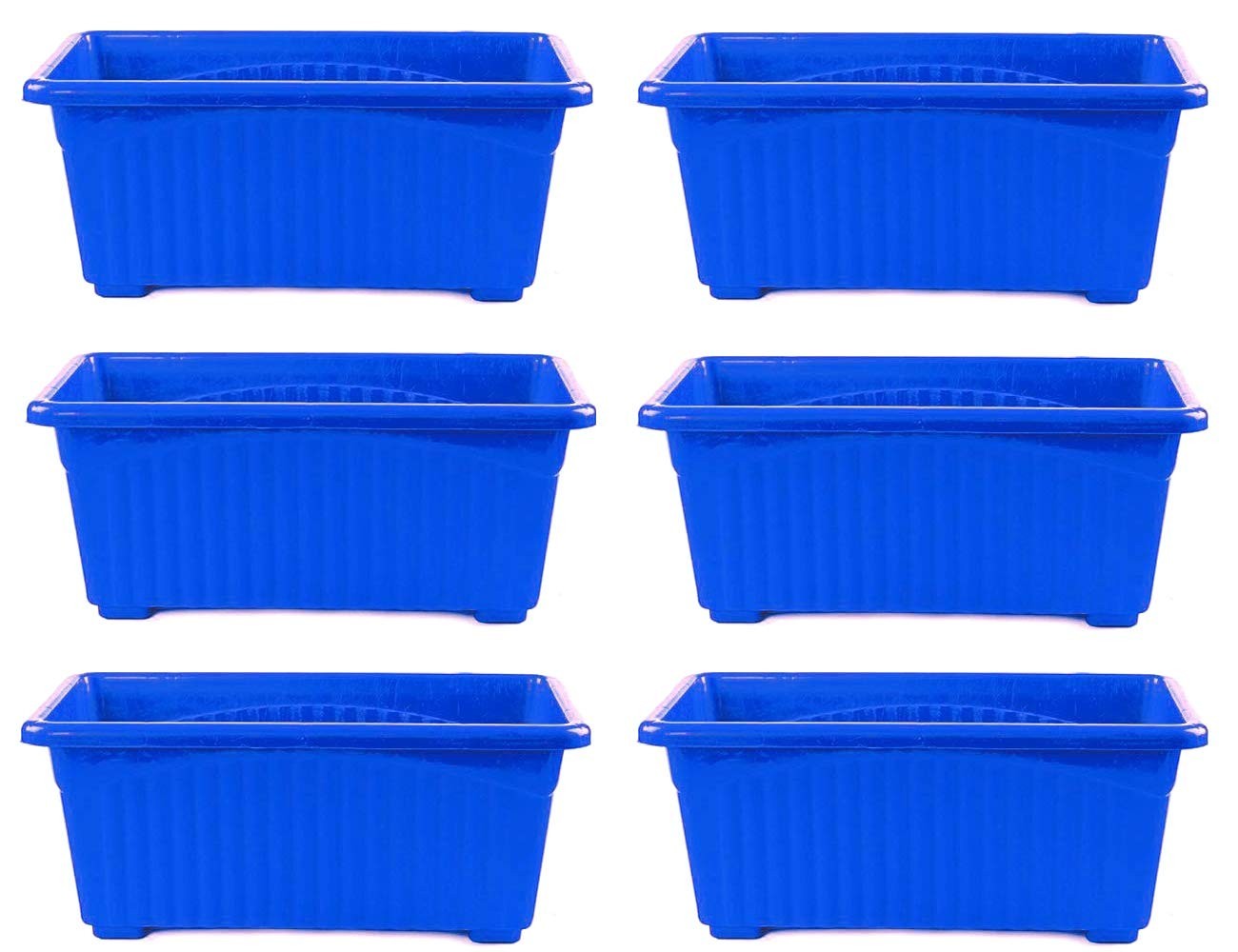 GoHooked set of 6 blue rectangular plastic plant pots with ribbed texture and rust-resistant finish.