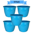 Go Hooked 5 pack of 10-inch blue plastic planters with vertical ribbed texture. Ideal for indoor or outdoor gardening.