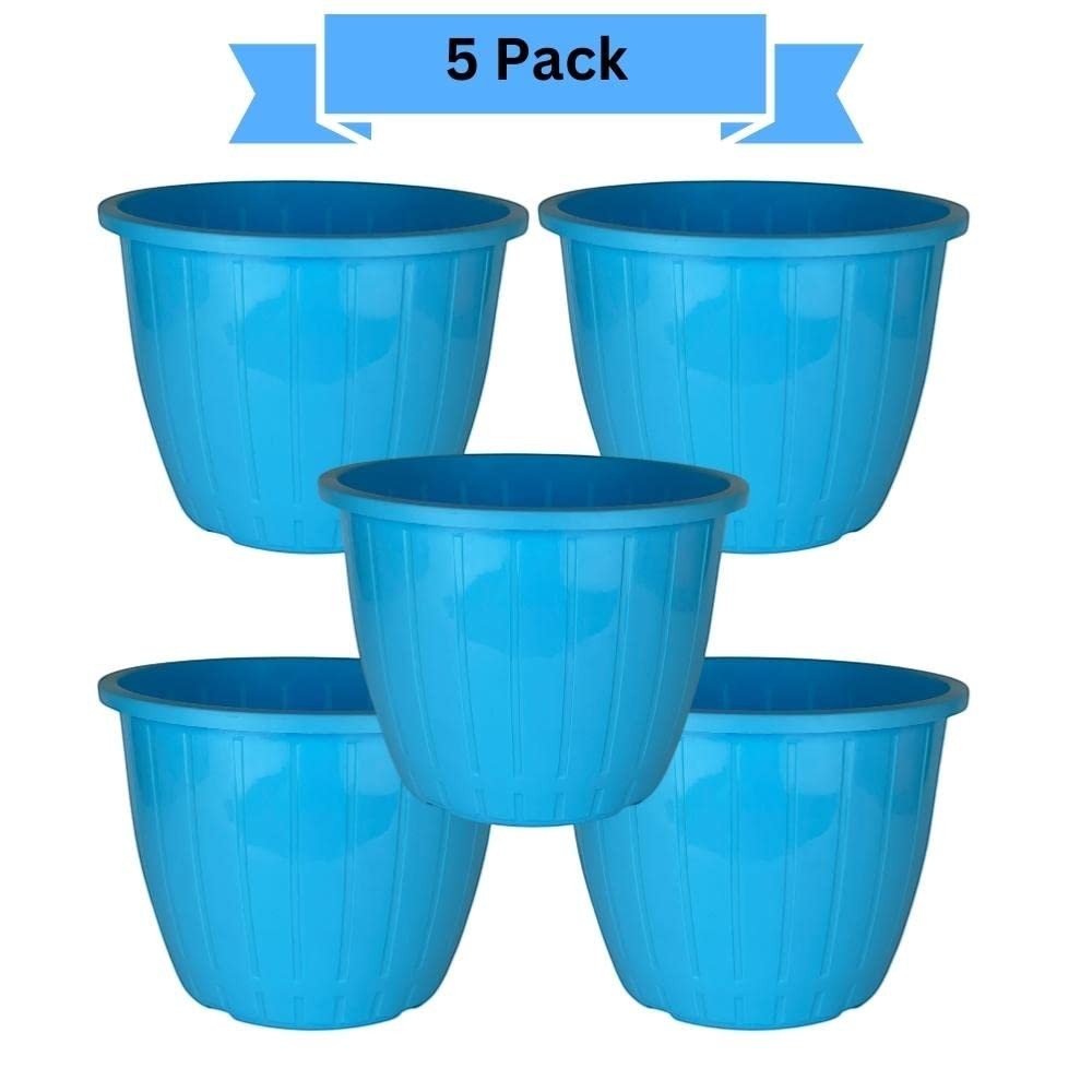 Go Hooked 5 pack of 10-inch blue plastic planters with vertical ribbed texture. Ideal for indoor or outdoor gardening.