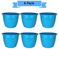 GoHooked 6 pack of 10-inch blue plastic planters with a ribbed design, suitable for indoor and outdoor gardening.