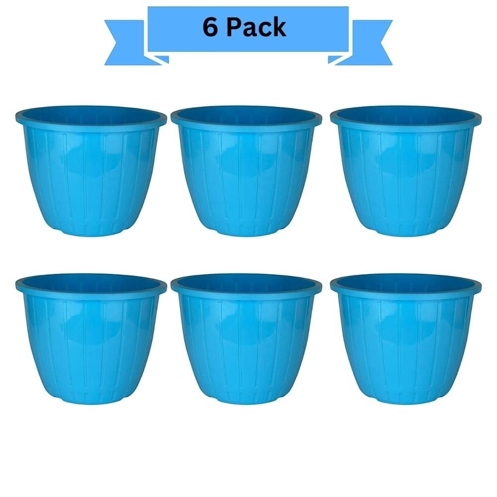 GoHooked 6 pack of 10-inch blue plastic planters with a ribbed design, suitable for indoor and outdoor gardening.