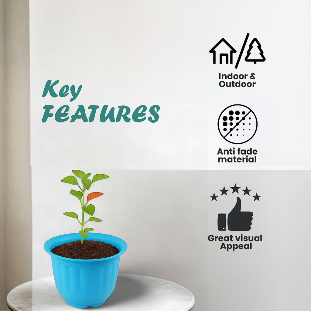 GoHooked blue plastic garden planter pot with fluted design, suitable for indoor and outdoor use.