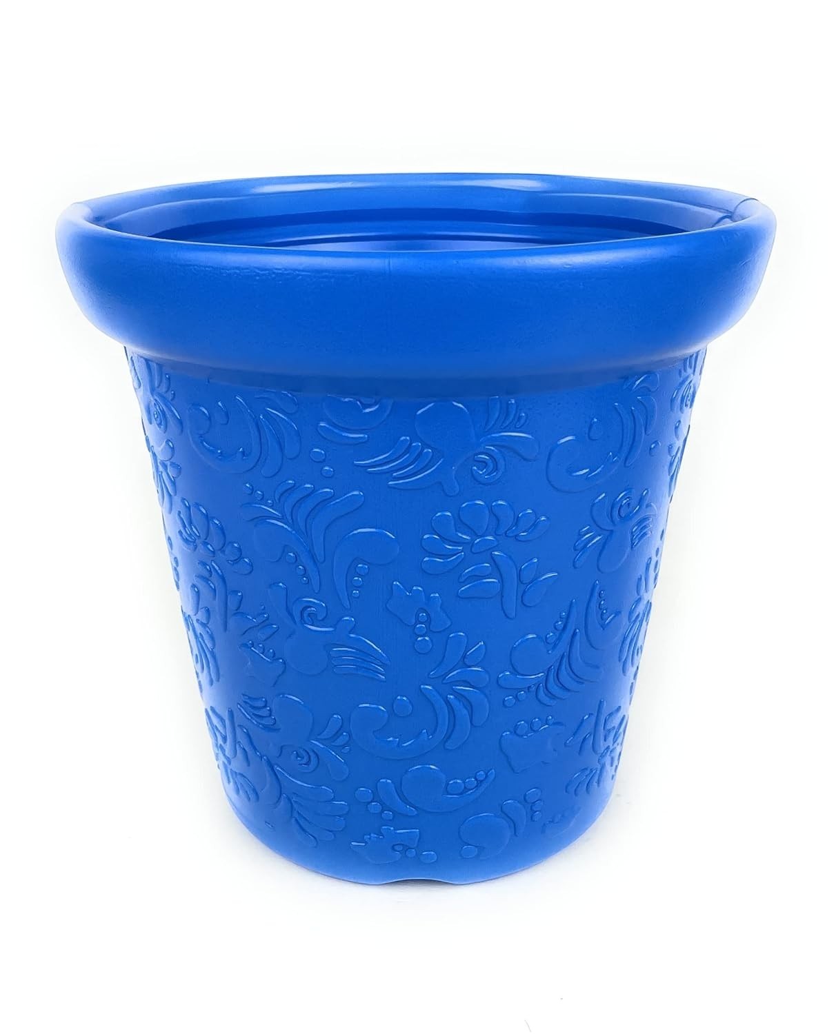 GoHooked blue plastic planter pot with embossed floral pattern, 8-inch size, suitable for indoor/outdoor plants.