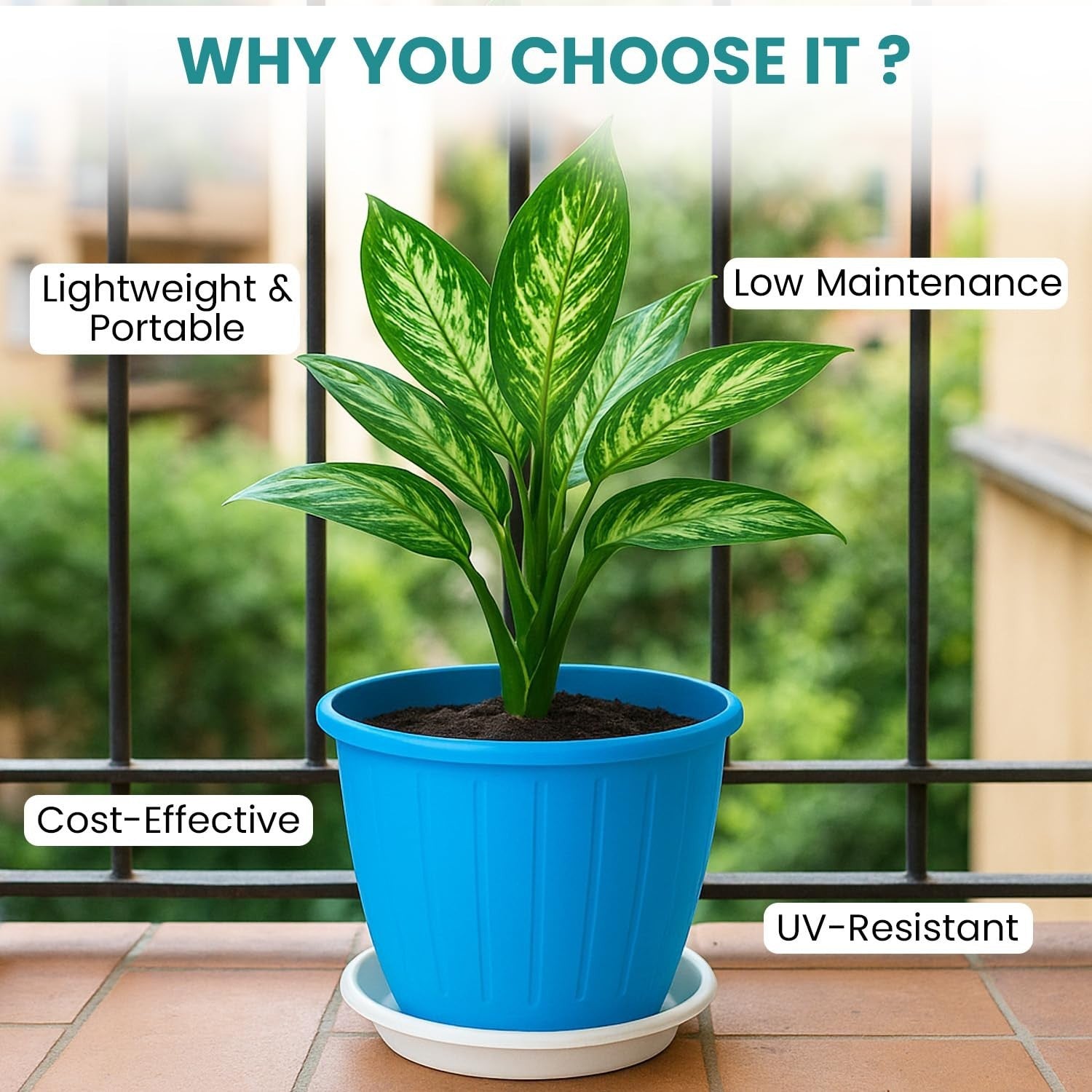 GoHooked blue plastic planter pot with saucer, 8 inch, for indoor/outdoor plants. Lightweight, UV-resistant.