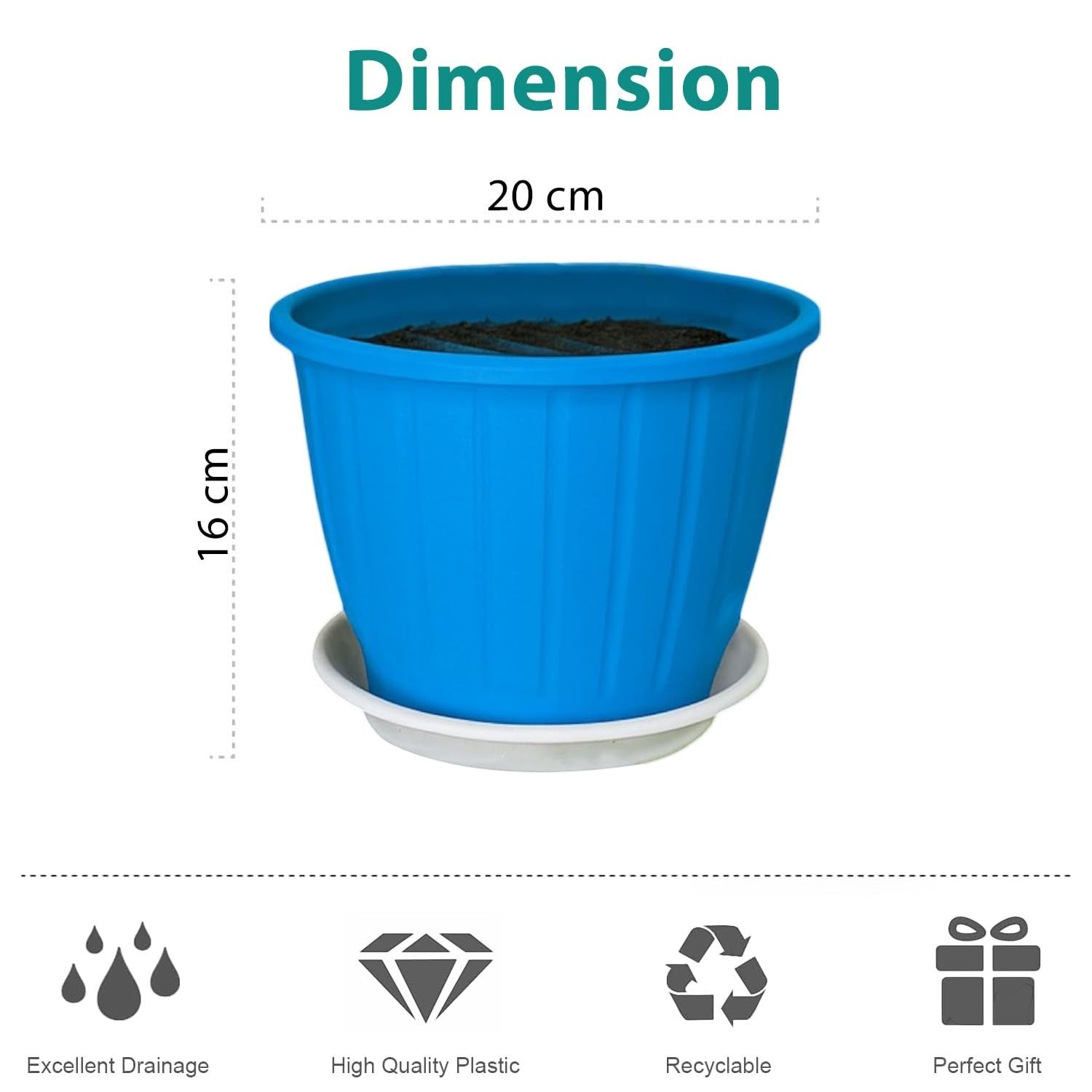 GoHooked blue plastic planter pot with saucer, 8 inch size, modern fluted design, perfect for indoor/outdoor plants.