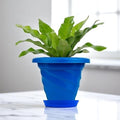 Go Hooked blue plastic planter pot with saucer, 6 inch twister design for indoor/outdoor plants.