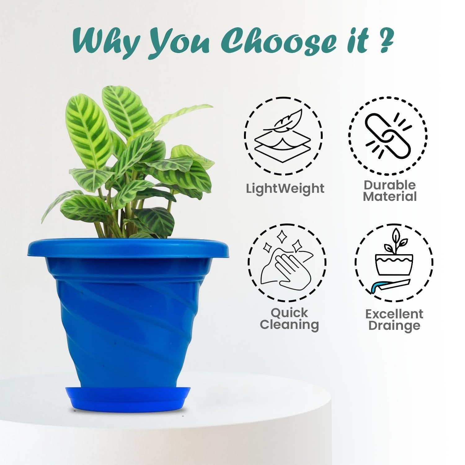GoHooked blue plastic planter pot with saucer, 6 inch twister design for indoor/outdoor plants. Lightweight, durable, easy clean.