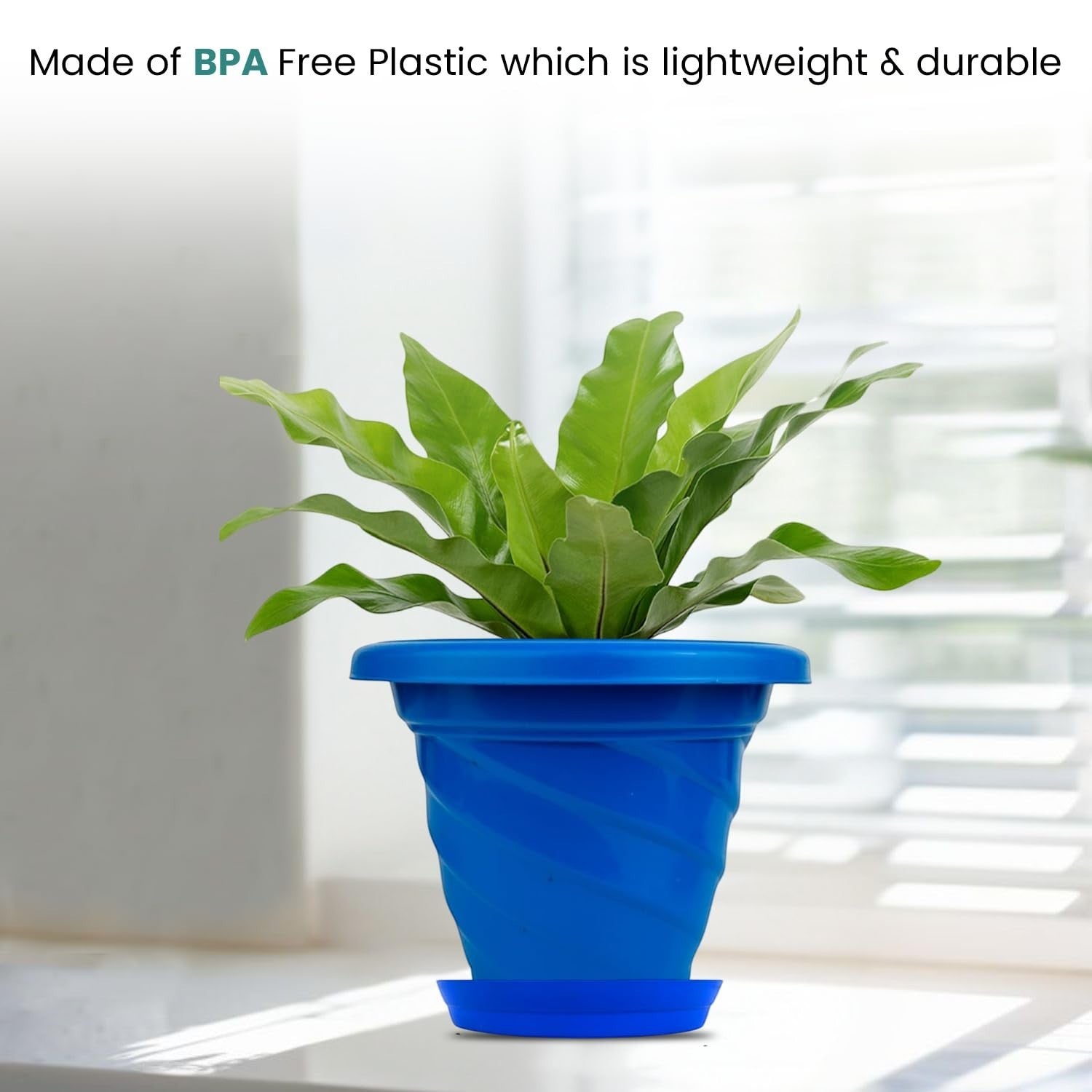 GoHooked blue plastic planter pot with saucer, 6 inch twister design for indoor/outdoor plants.