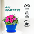 GoHooked blue plastic planter pot with saucer, featuring pink impatiens flowers. Suitable for indoor/outdoor use.