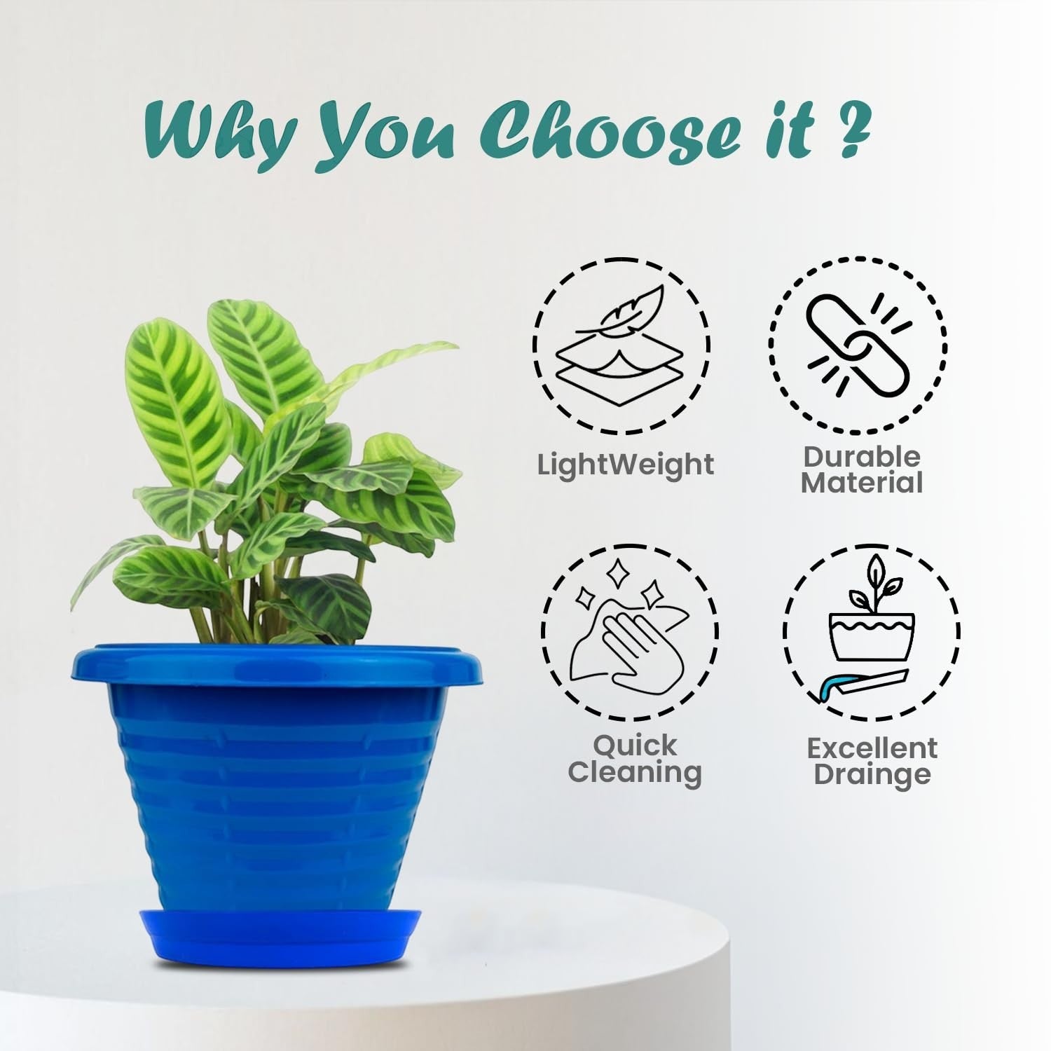 GoHooked blue plastic planter pot with saucer, featuring a modern ribbed design and excellent drainage for indoor or outdoor plants.