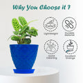 GoHooked blue plastic planter pot with saucer, featuring a modern diamond pattern and excellent drainage. Ideal for indoor or outdoor plants.