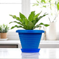 GoHooked blue plastic planter pot with saucer tray, 6 inch Zenith model, modern design for indoor/outdoor plants.