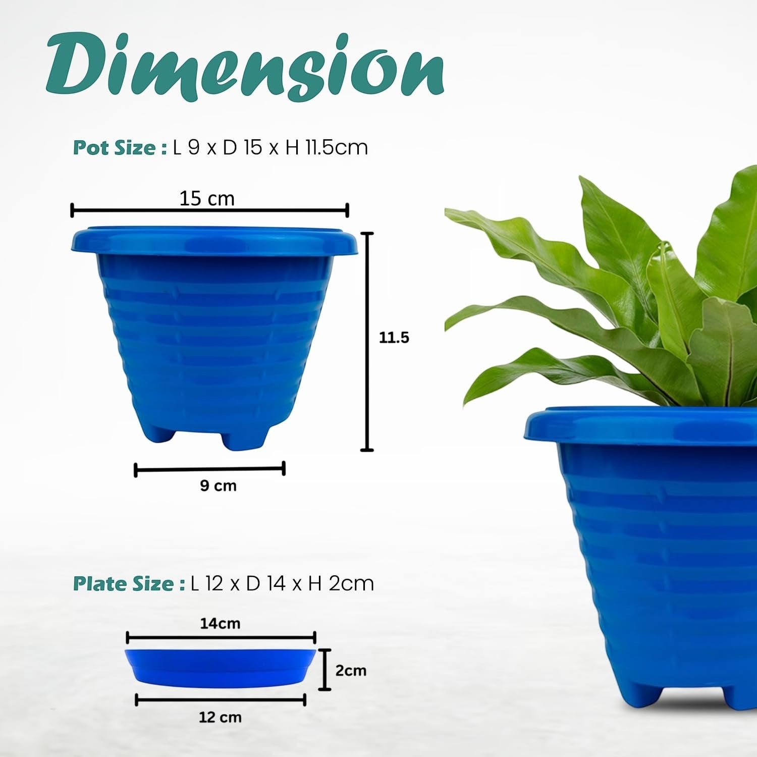 Go Hooked blue plastic planter pot with saucer, 6 inch Zenith model, modern design for indoor/outdoor plants.