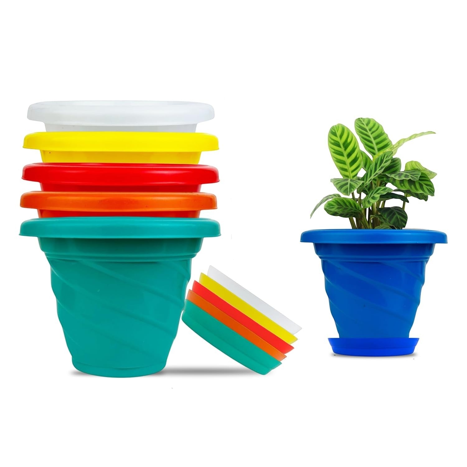 GoHooked set of 6 blue plastic planter pots with saucers, modern design, 6 inch Kohinoor pots for indoor/outdoor plants.
