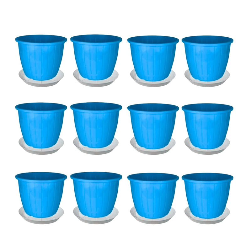 GoHooked set of 12 blue plastic planter pots with saucers, 8-inch size, modern design for indoor/outdoor use.