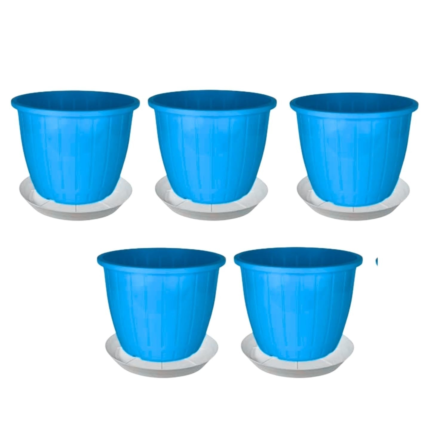 GoHooked set of 5 blue 8-inch plastic planter pots with matching saucers, ideal for indoor/outdoor plants.