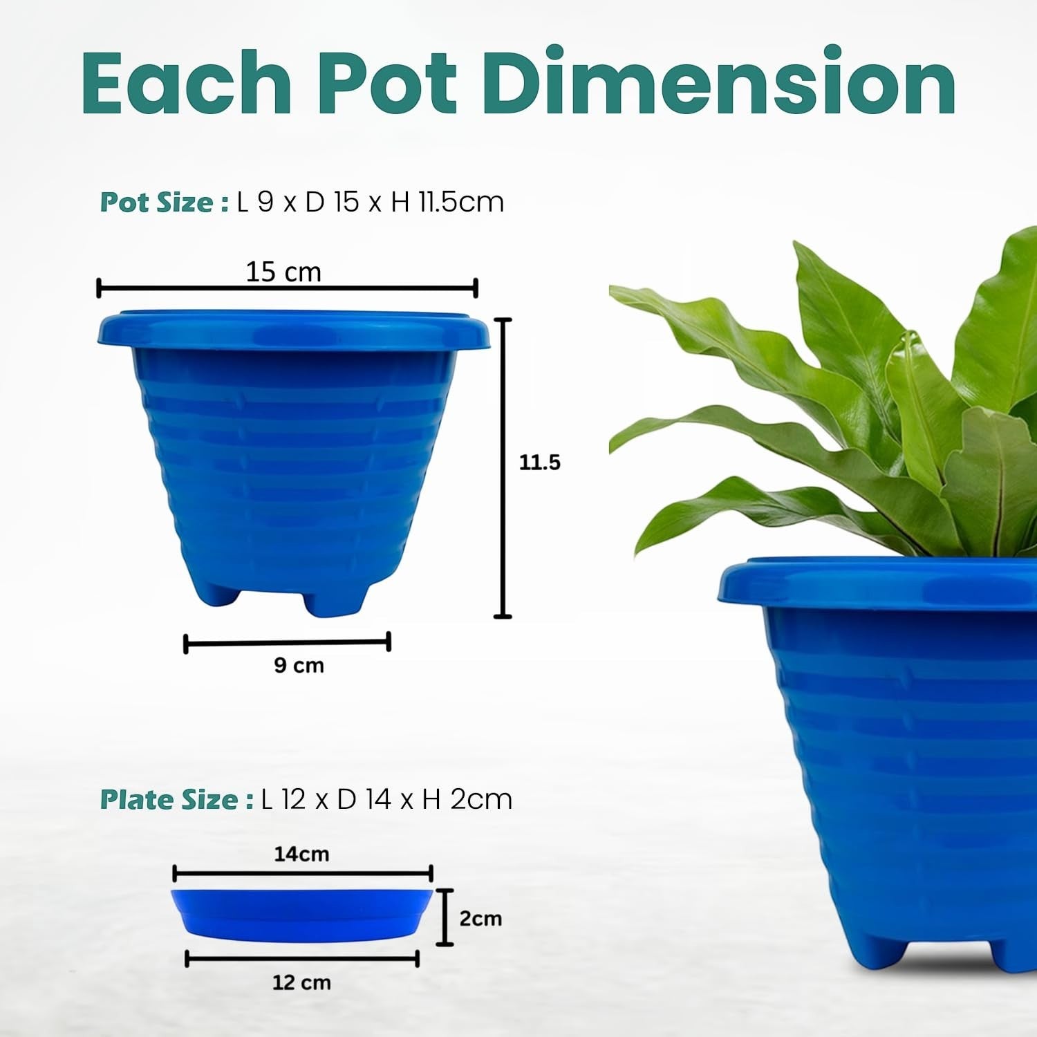 GoHooked set of 6 blue plastic planter pots with saucers, 6-inch Zenith design, modern style, for indoor/outdoor plants.