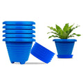 GoHooked blue plastic planter pots set of 6 with saucers, one pot with a plant. Modern design.