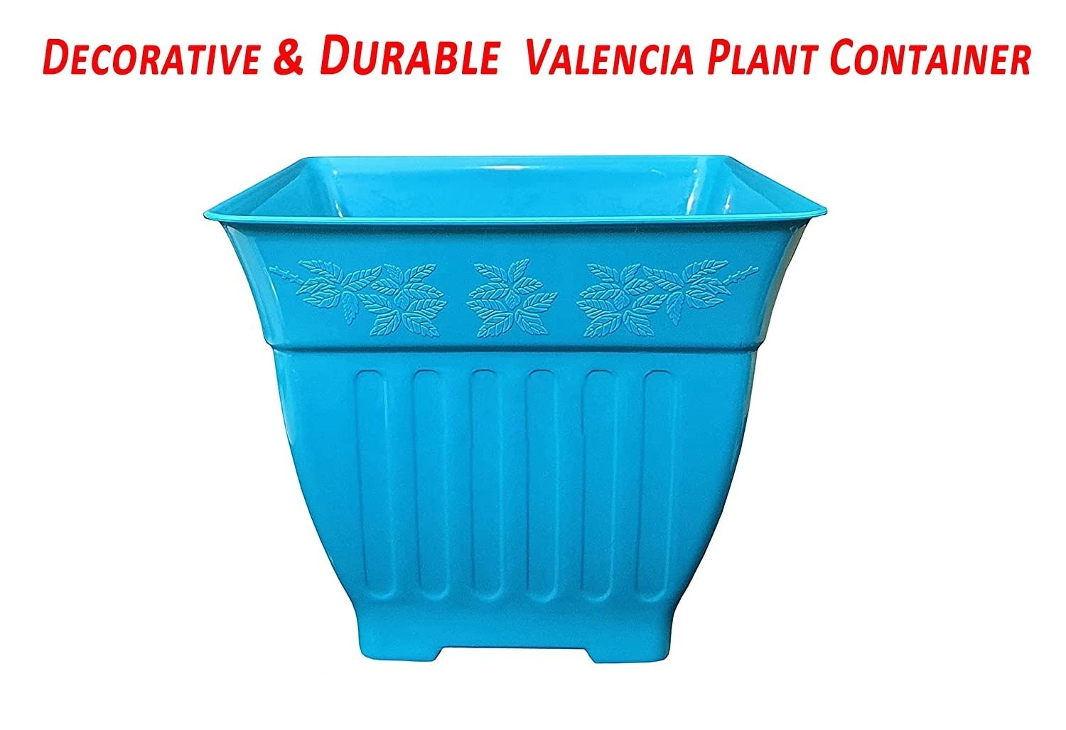 GoHooked blue plastic Valencia planter with decorative leaf pattern and ribbed sides. Side 8.75 inch, Height 7.5 inch.