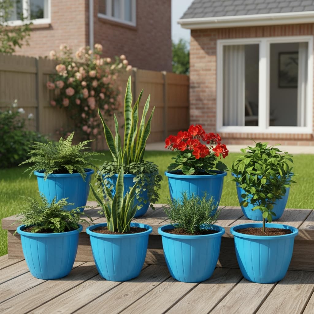 GoHooked 10-inch blue plastic planters with vertical ribbed design, set of 8. Perfect for indoor/outdoor gardening.