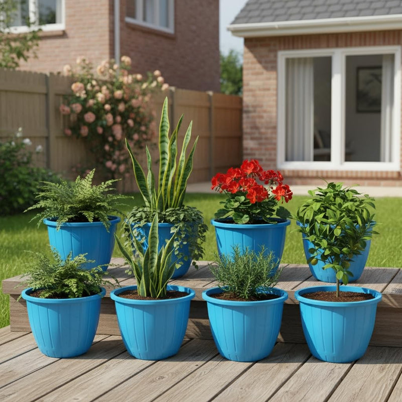 GoHooked 10-inch blue plastic planters with vertical ribbed design, set of 8. Perfect for indoor/outdoor gardening.
